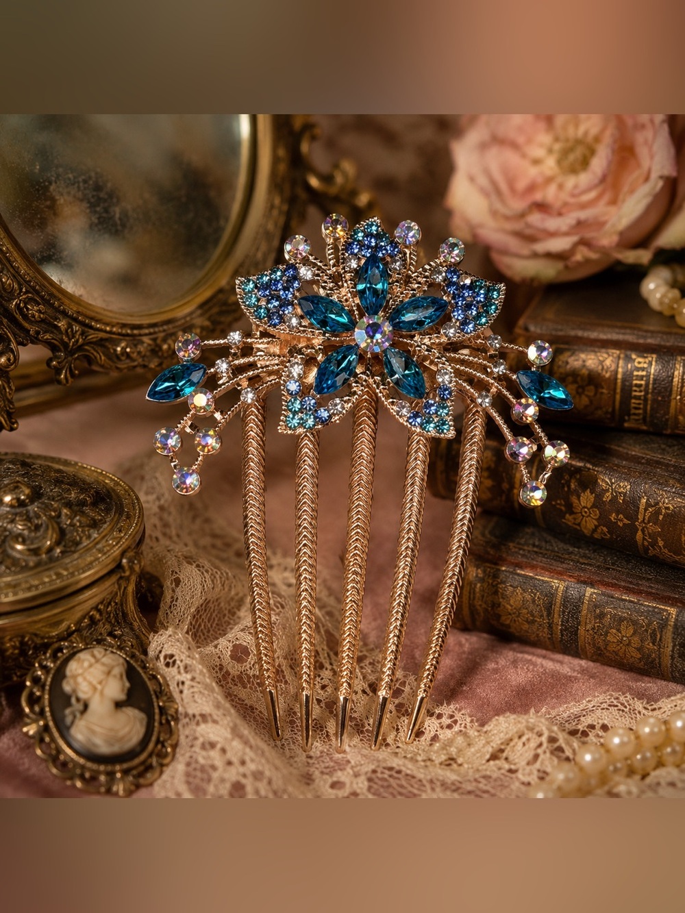 Teal Blue Rhinestone Hair Comb Rose Gold Tone Crystal Bridal Prom Vintage Style